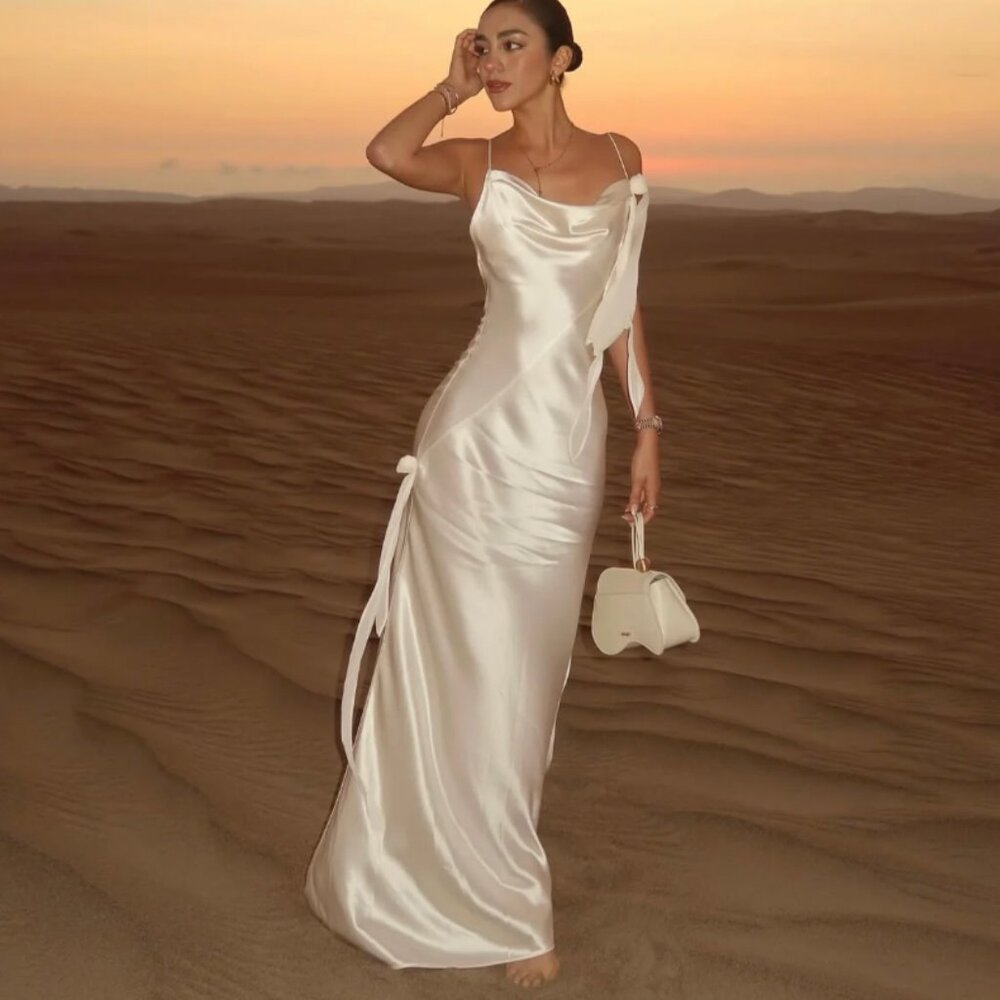 Rat & Boa Satin Ivory White Cowl Neck Maxi Dress